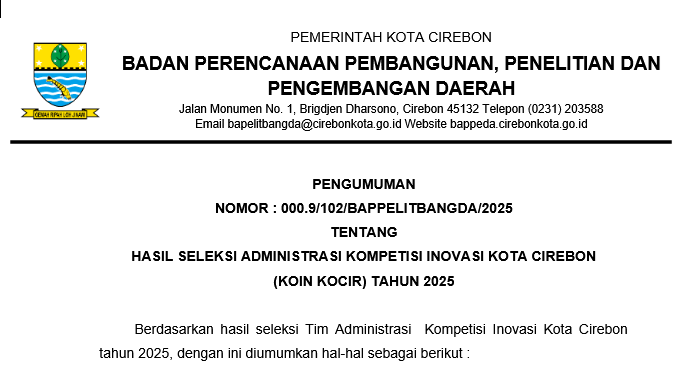 PENGUMUMAN HASIL SELEKSI ADMINISTRASI KOMPETISI INOVASI KOTA CIREBON (KOIN KOCIR) TAHUN 2025